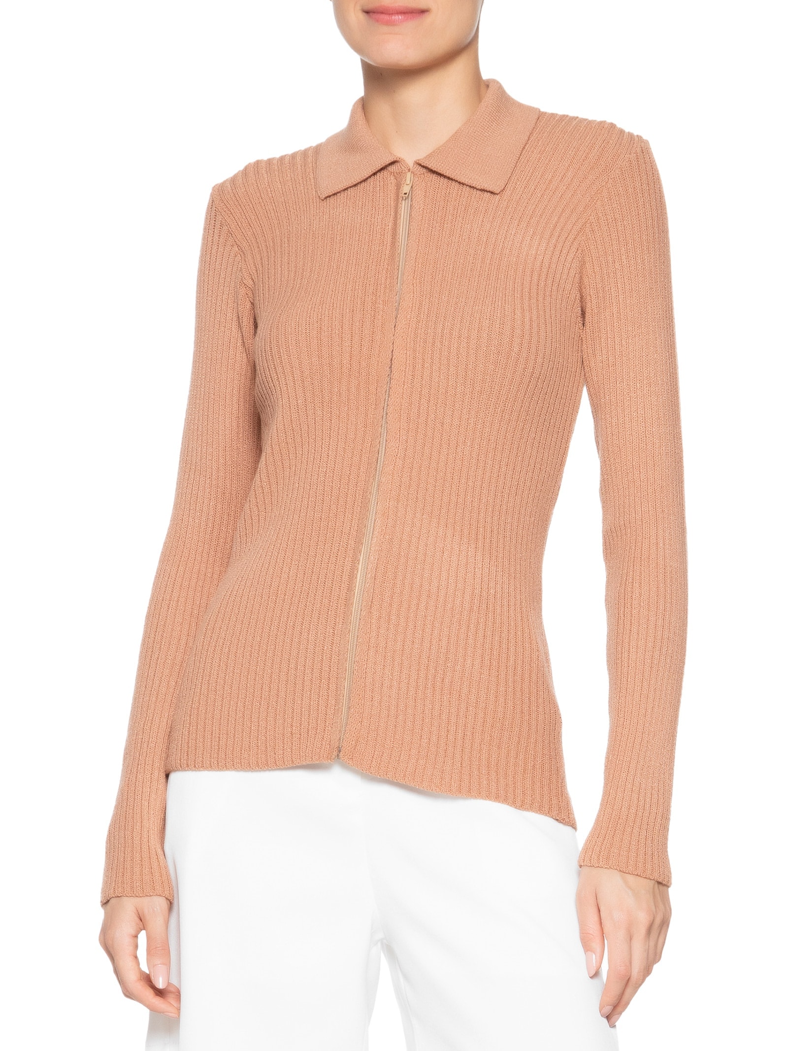 Blusa Feminina Tricot Zíper Gola Esporte Bege Basiq