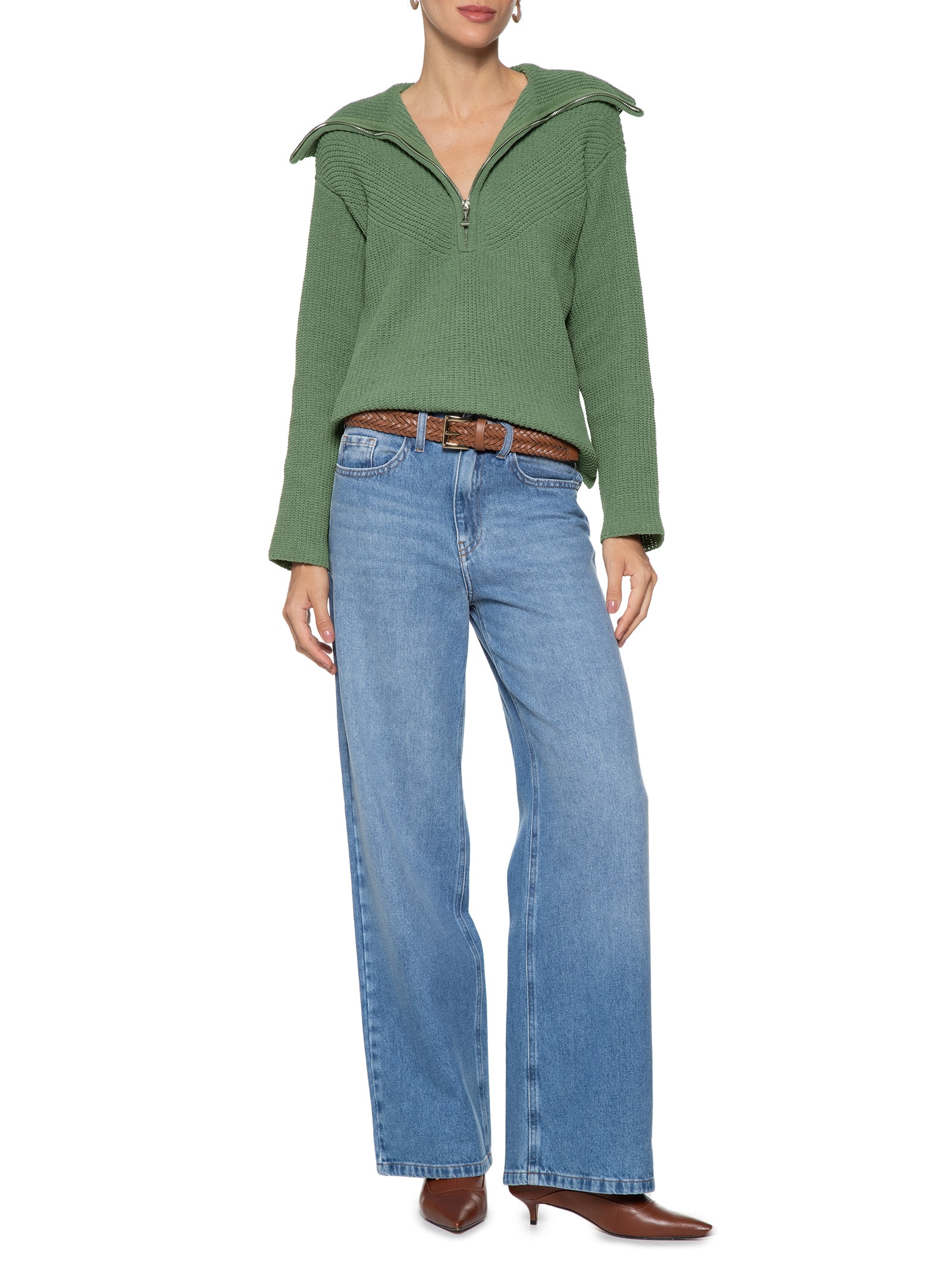 Blusa Feminina Tricot Zíper - Verde - Shoulder