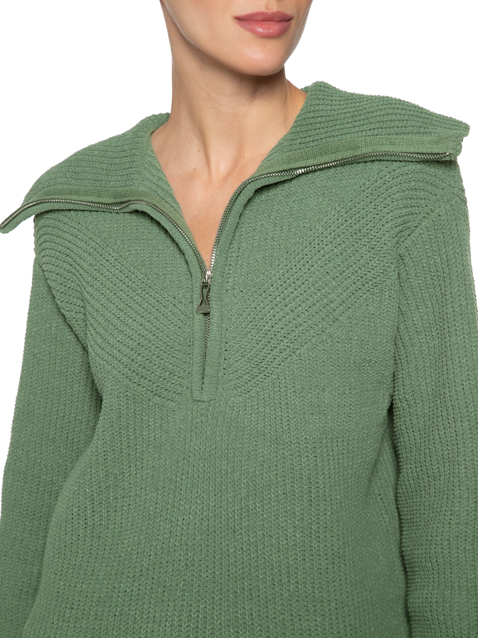 Blusa Feminina Tricot Zíper - Verde - Shoulder