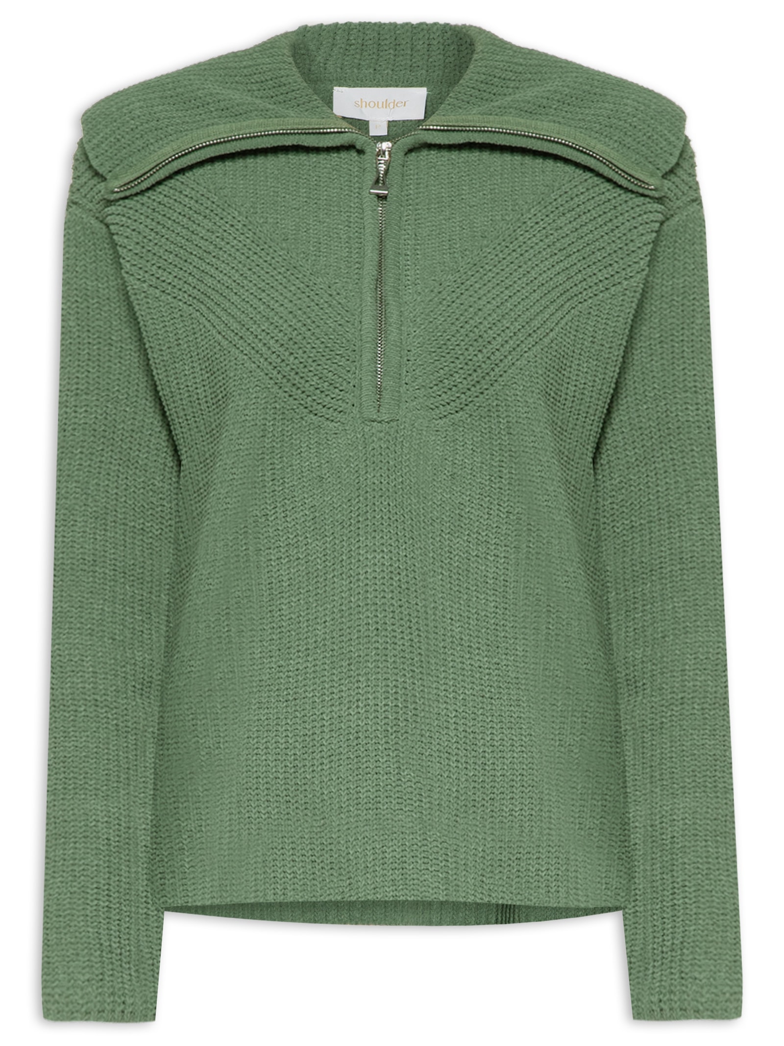 Blusa Feminina Tricot Zíper - Verde - Shoulder