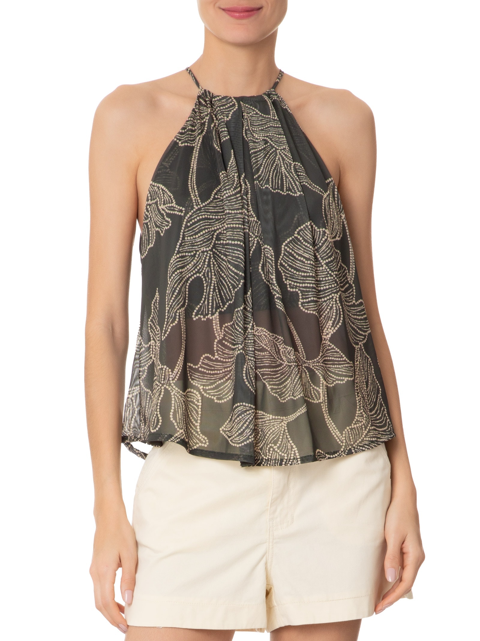  Blusa Feminina Tule Estampa Ramos Verde Dress To