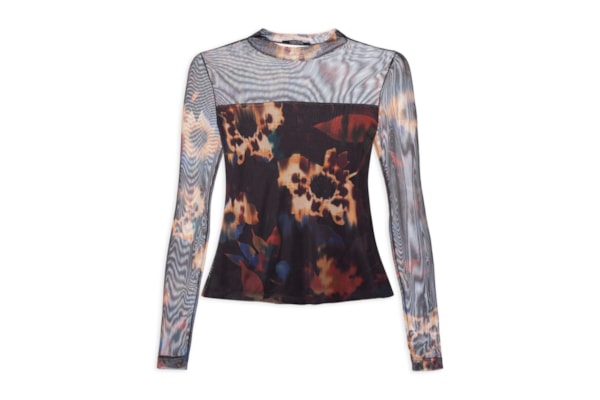 Blusa Feminina Tule Floral Glitch - Preto