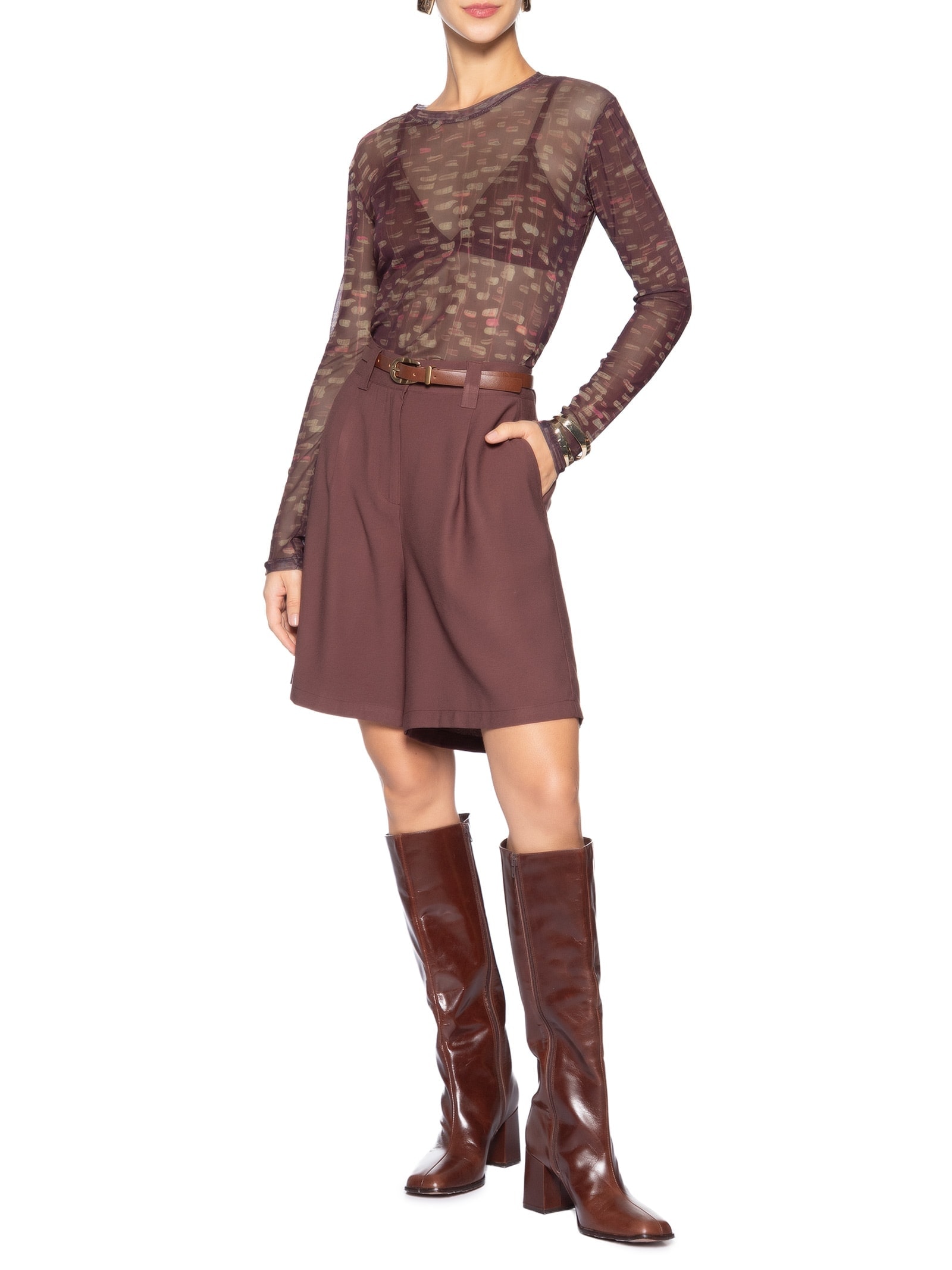 Blusa Feminina Tule Joana Brilho Marrom Le Lis