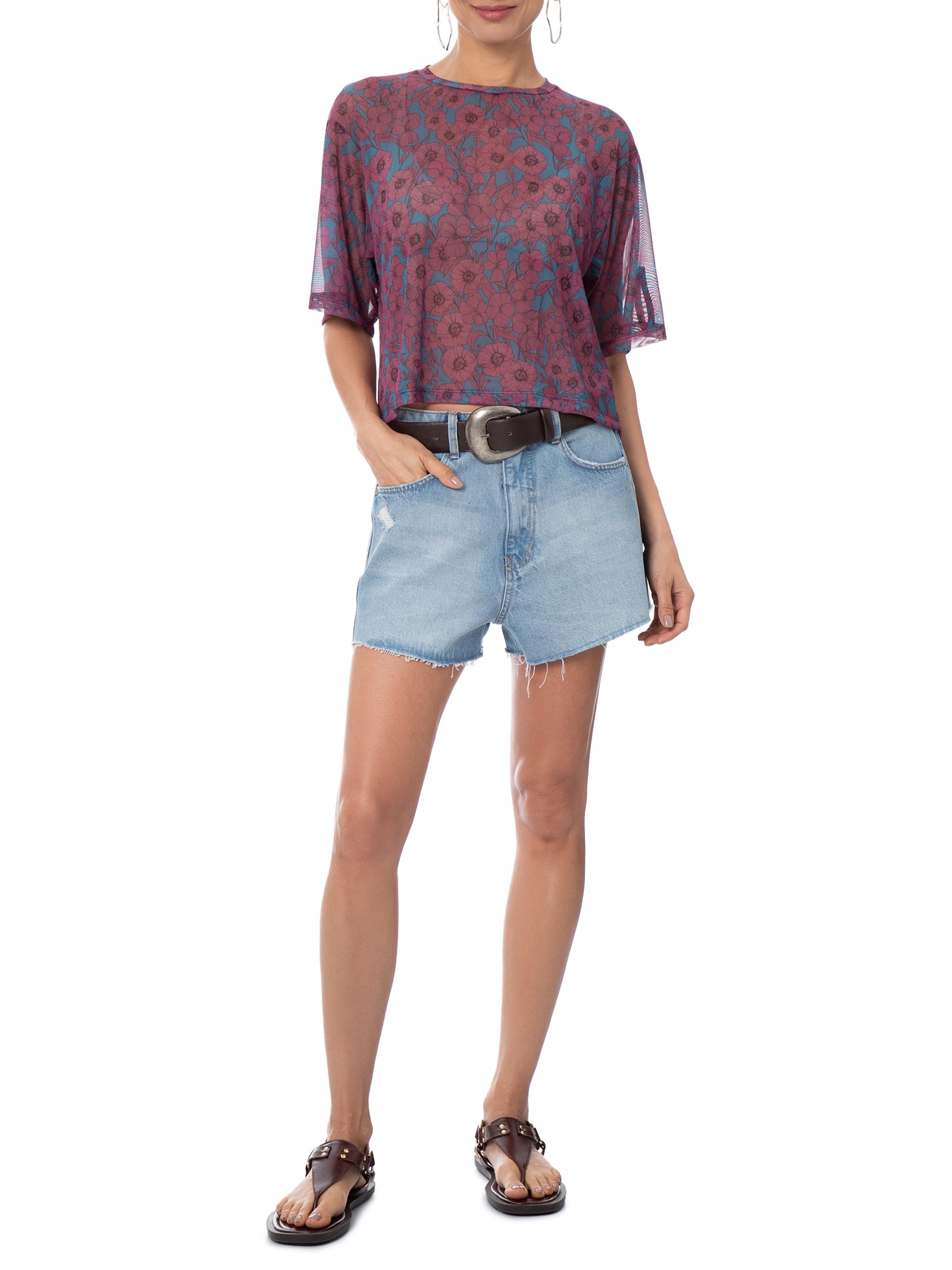 Blusa Feminina Tule Manga Curta Floral Roxo Animale