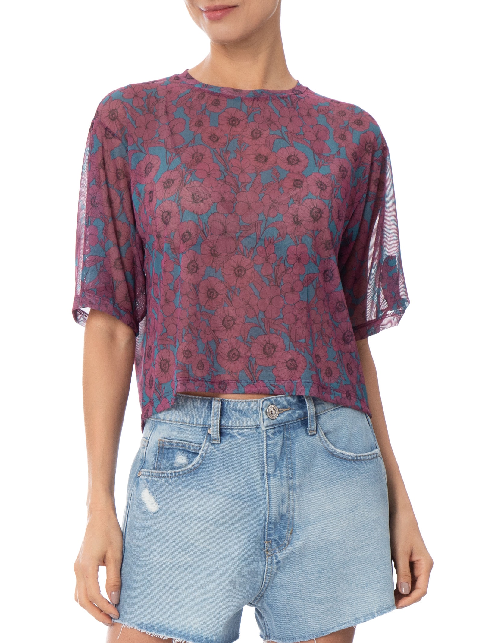 Blusa Feminina Tule Manga Curta Floral Roxo Animale