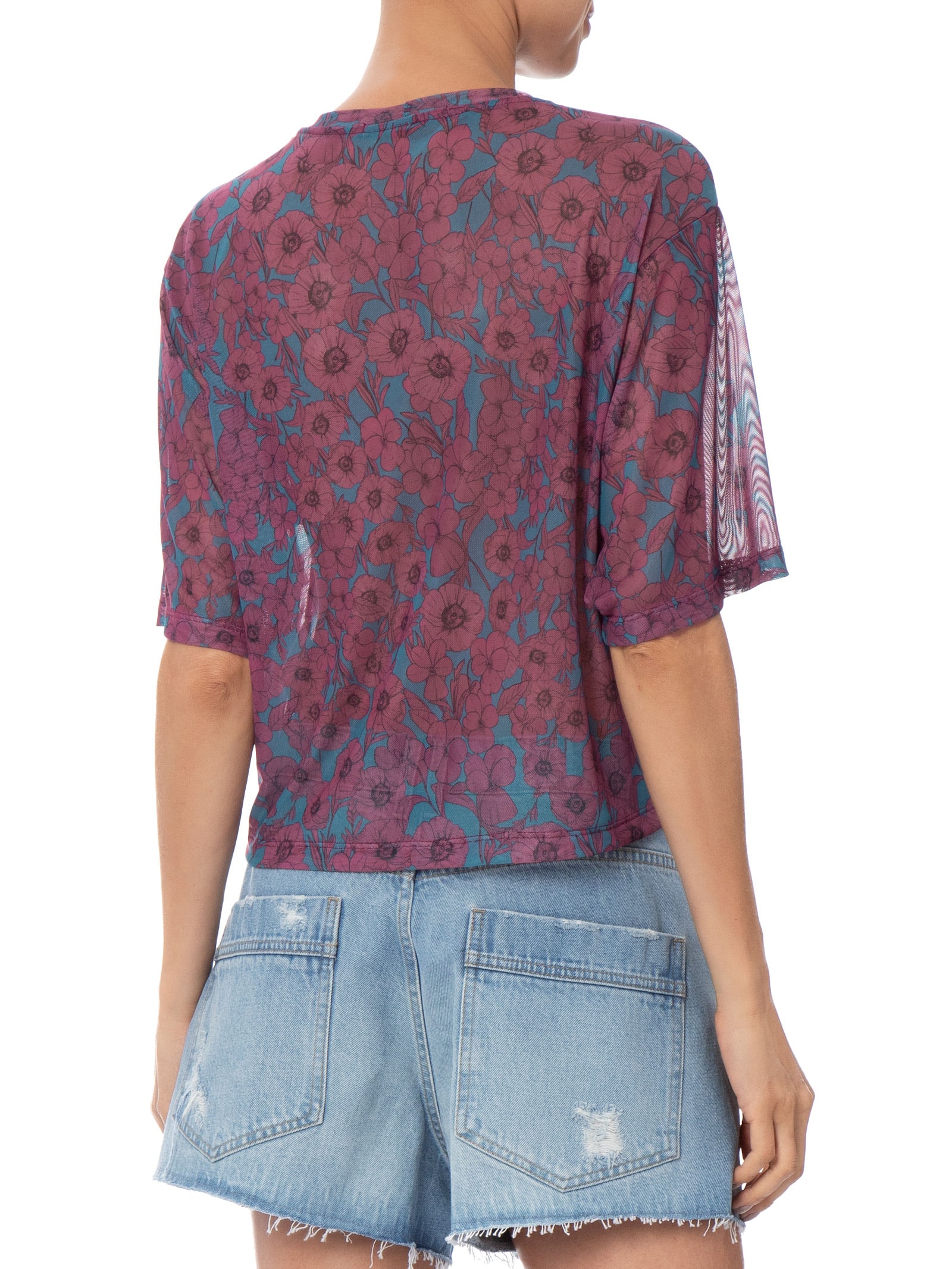 Blusa Feminina Tule Manga Curta Floral Roxo Animale