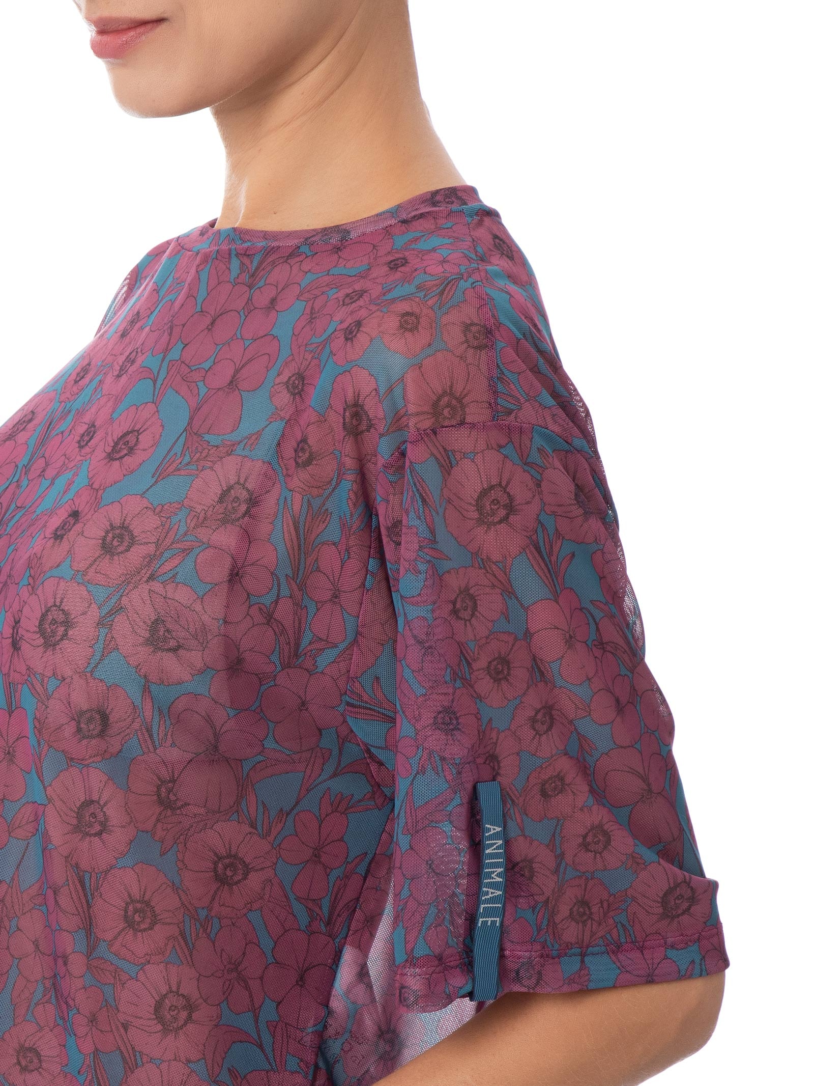 Blusa Feminina Tule Manga Curta Floral Roxo Animale