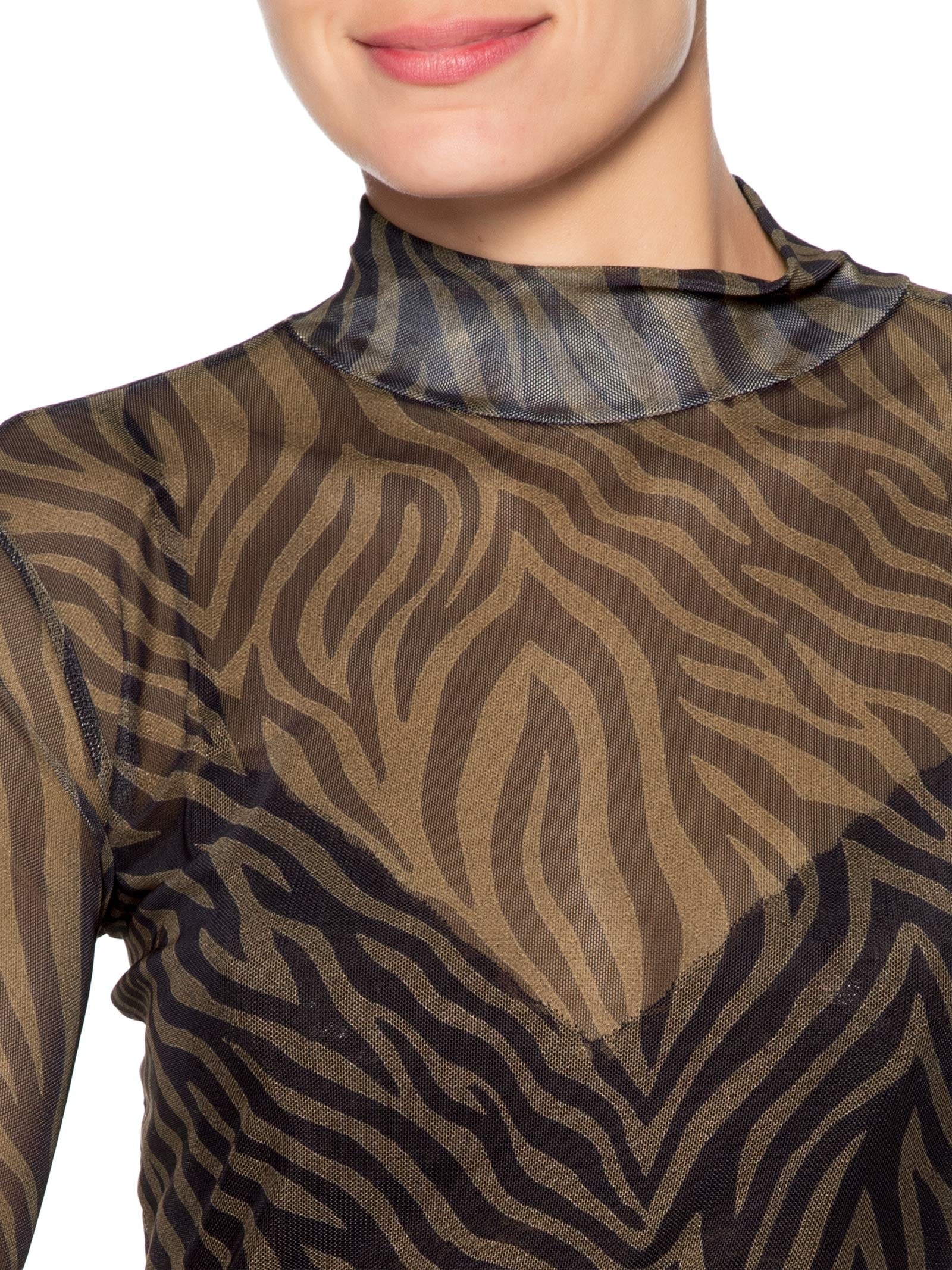 Blusa Feminina Tule Manga Longa Zebra Marrom Animale Jeans