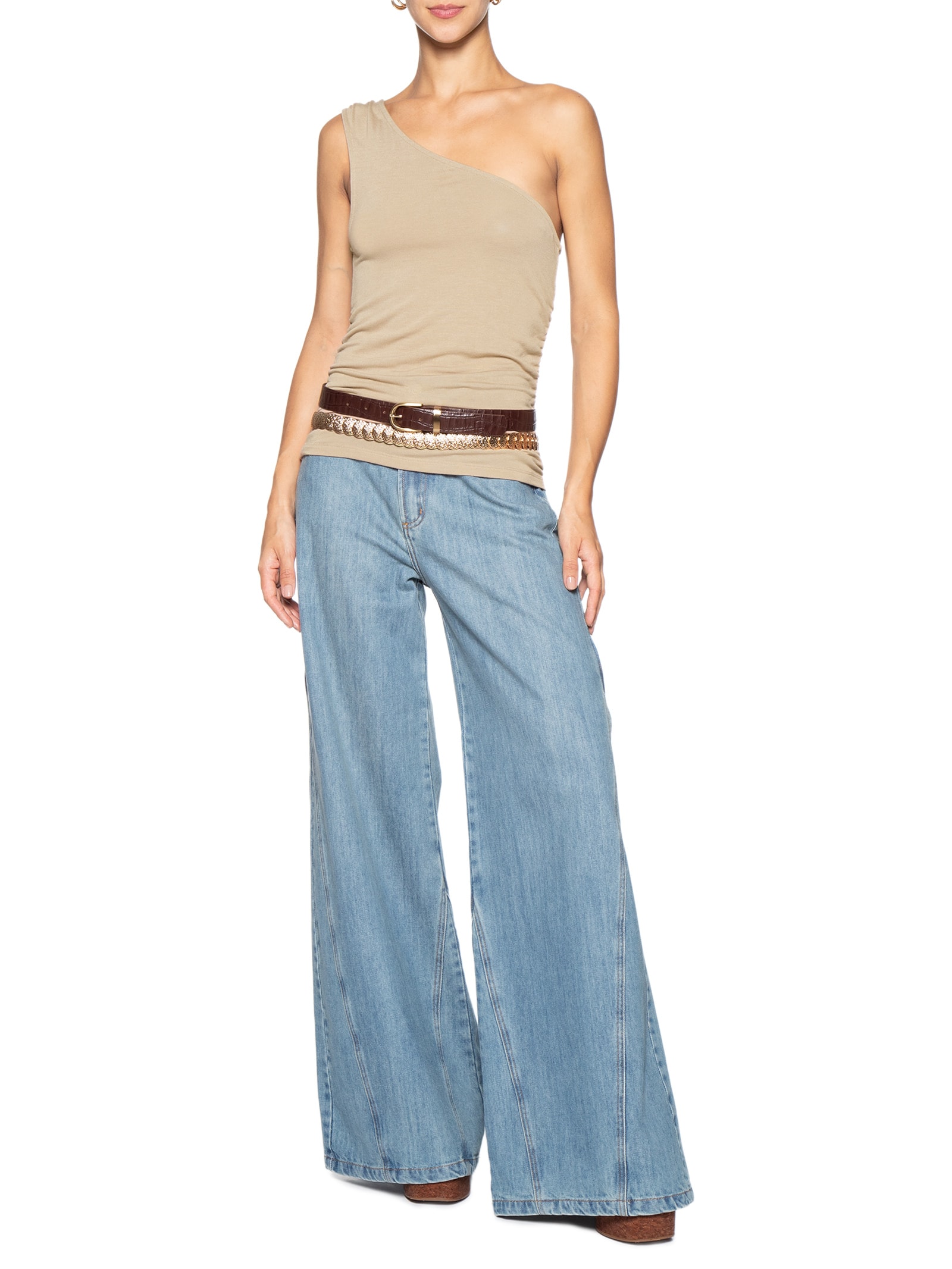 Blusa Feminina Um Ombro Só Drapeado Latreal  Marrom Animale Jeans