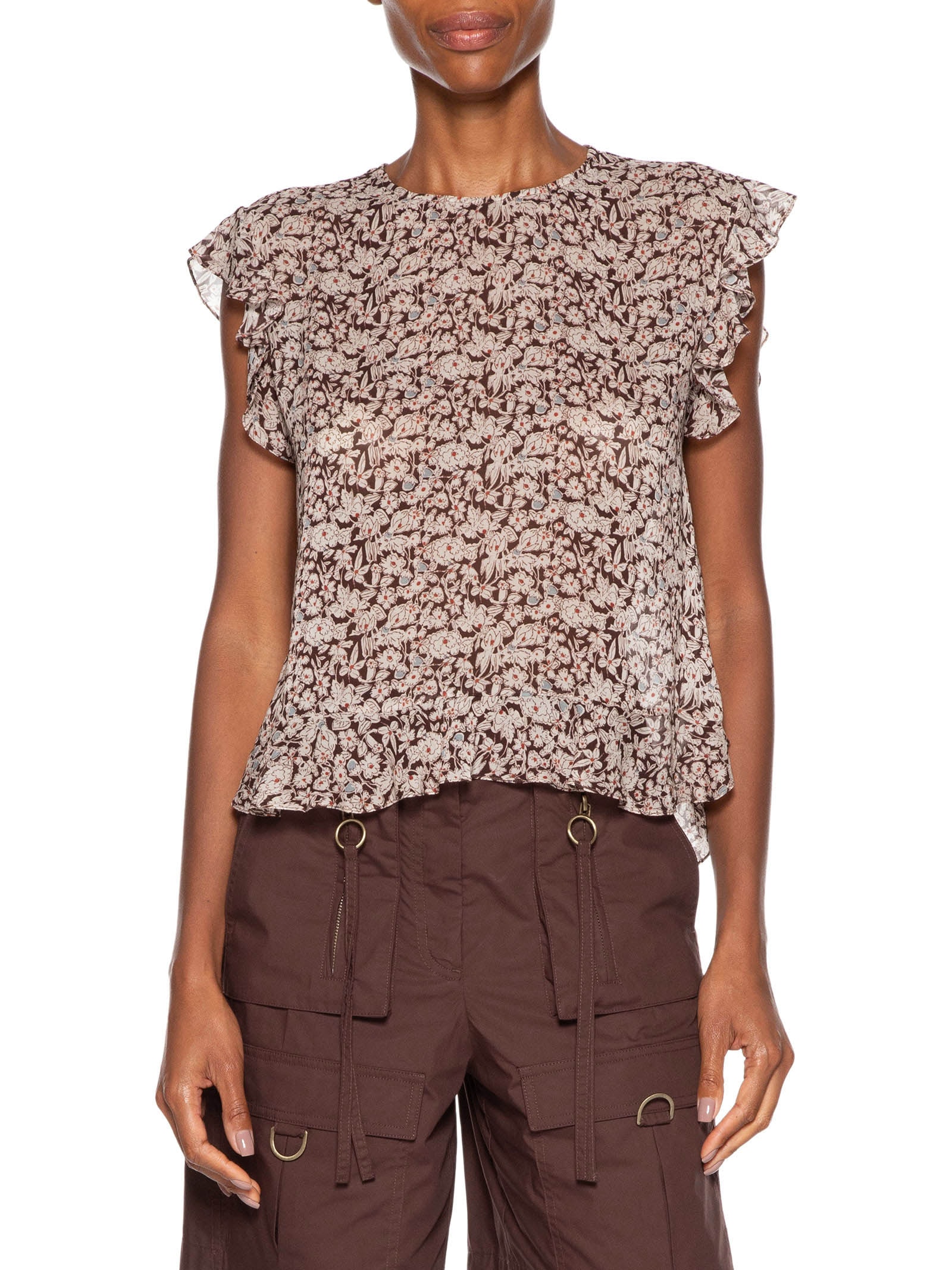 Blusa Feminino De Georgette Leve Estampa Babados Marrom Animale