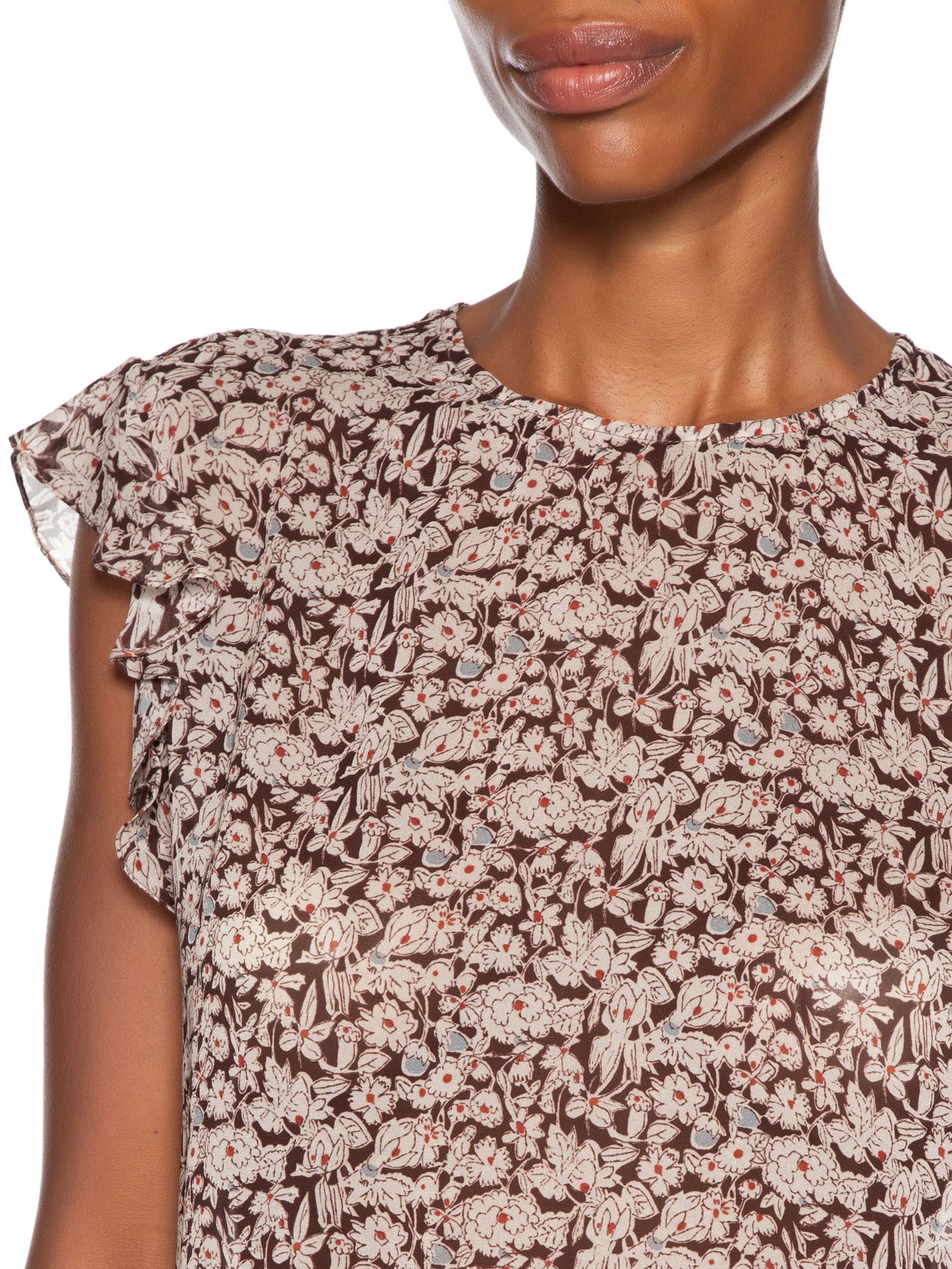 Blusa Feminino De Georgette Leve Estampa Babados Marrom Animale