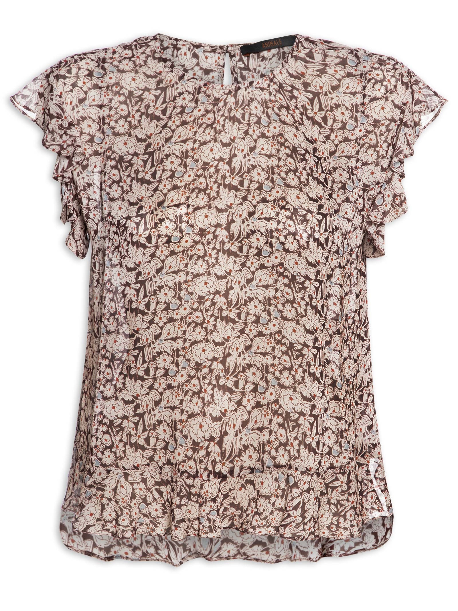 Blusa Feminino De Georgette Leve Estampa Babados Marrom Animale