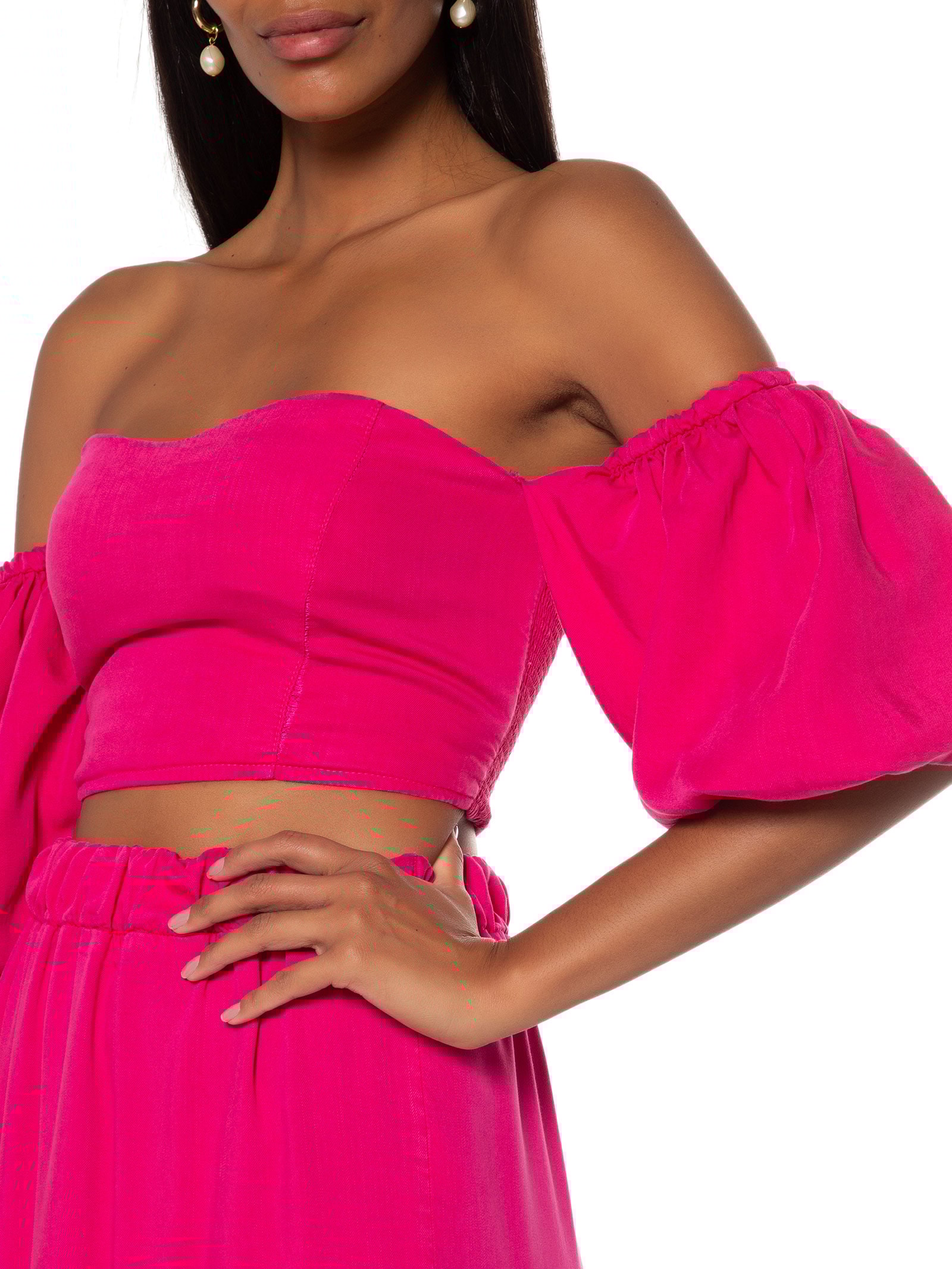 Blusa Manga Aplicada Tencel Rosa Canal