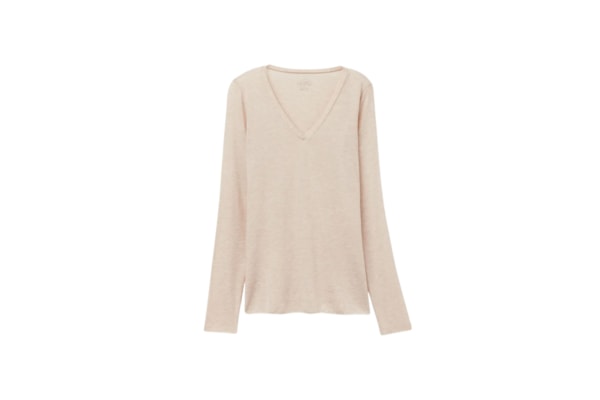 Blusa Manga Comprida Em Cashmere Com Decote Em v - Bege