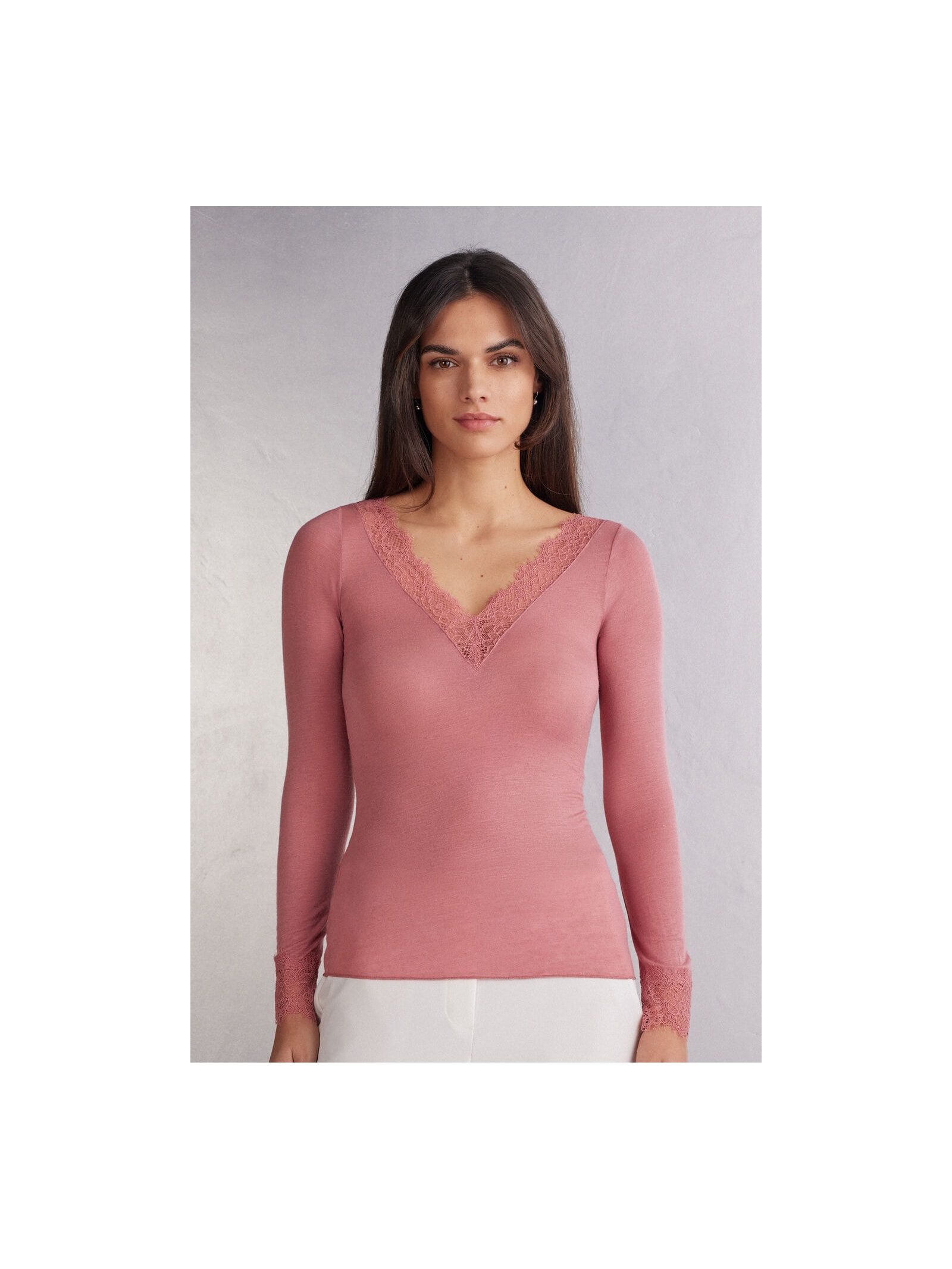 Blusa Manga Comprida Em Cashmere Ultraleve e Renda Rosa Intimissimi