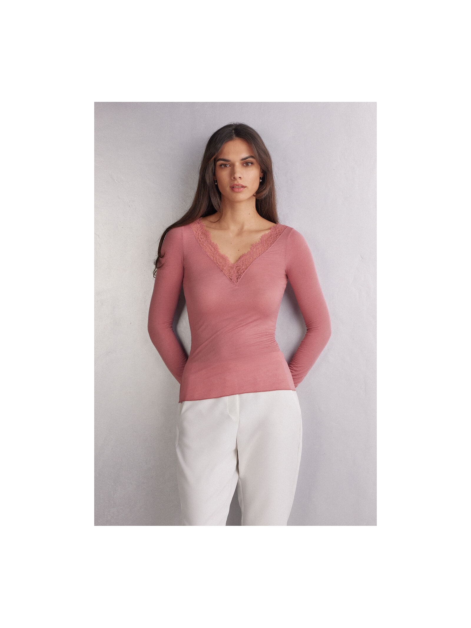Blusa Manga Comprida Em Cashmere Ultraleve e Renda Rosa Intimissimi