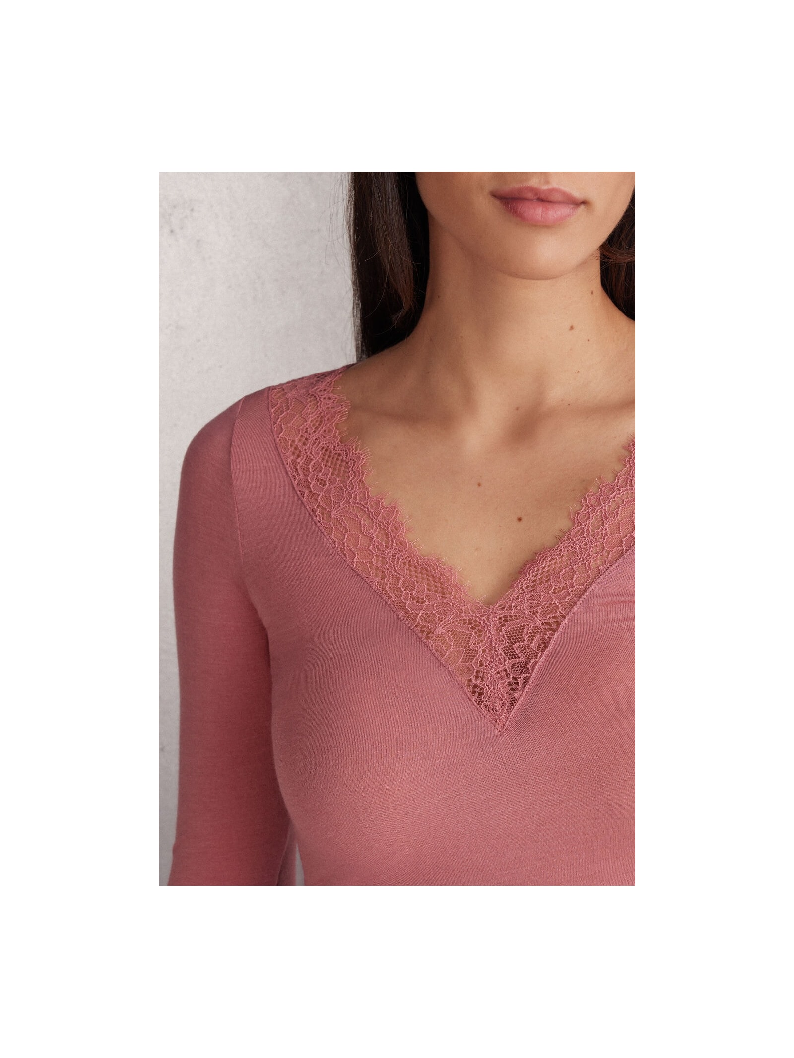 Blusa Manga Comprida Em Cashmere Ultraleve e Renda Rosa Intimissimi