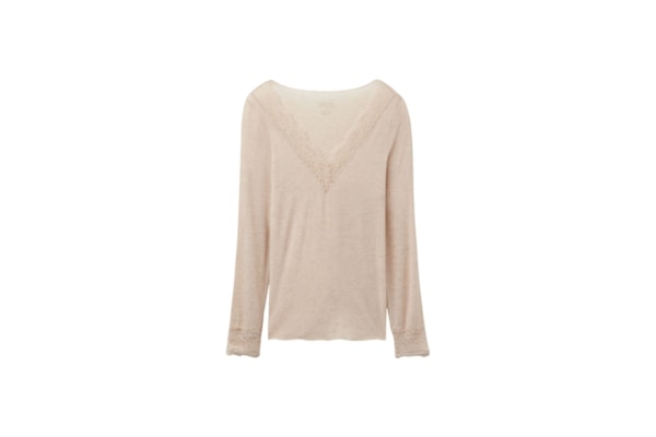 Blusa Manga Comprida Em Cashmere Ultralight e Renda - Bege