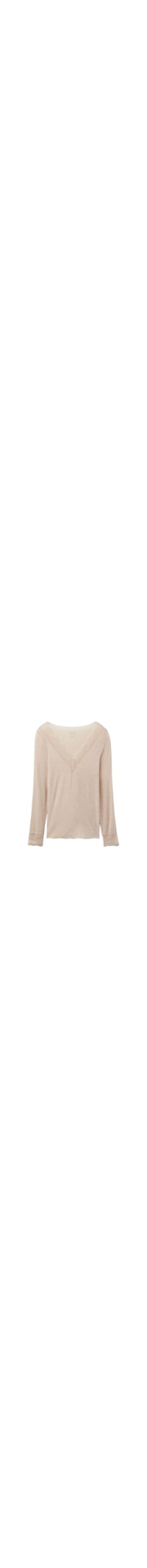 Blusa Manga Comprida Em Cashmere Ultralight e Renda - Bege