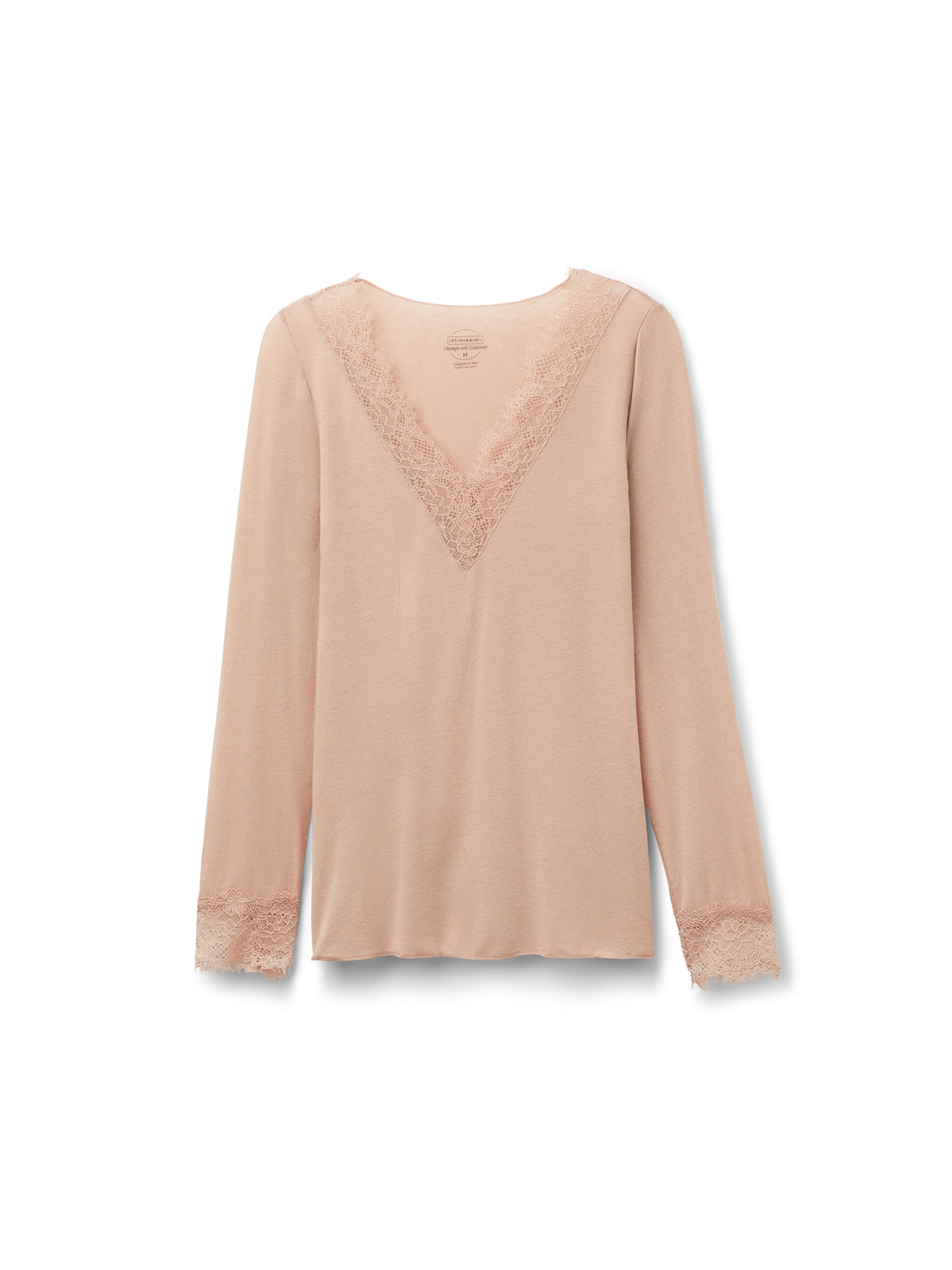 Blusa Manga Comprida Em Cashmere Ultralight e Renda Bege Intimissimi