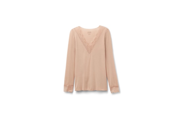 Blusa Manga Comprida Em Cashmere Ultralight e Renda - Bege