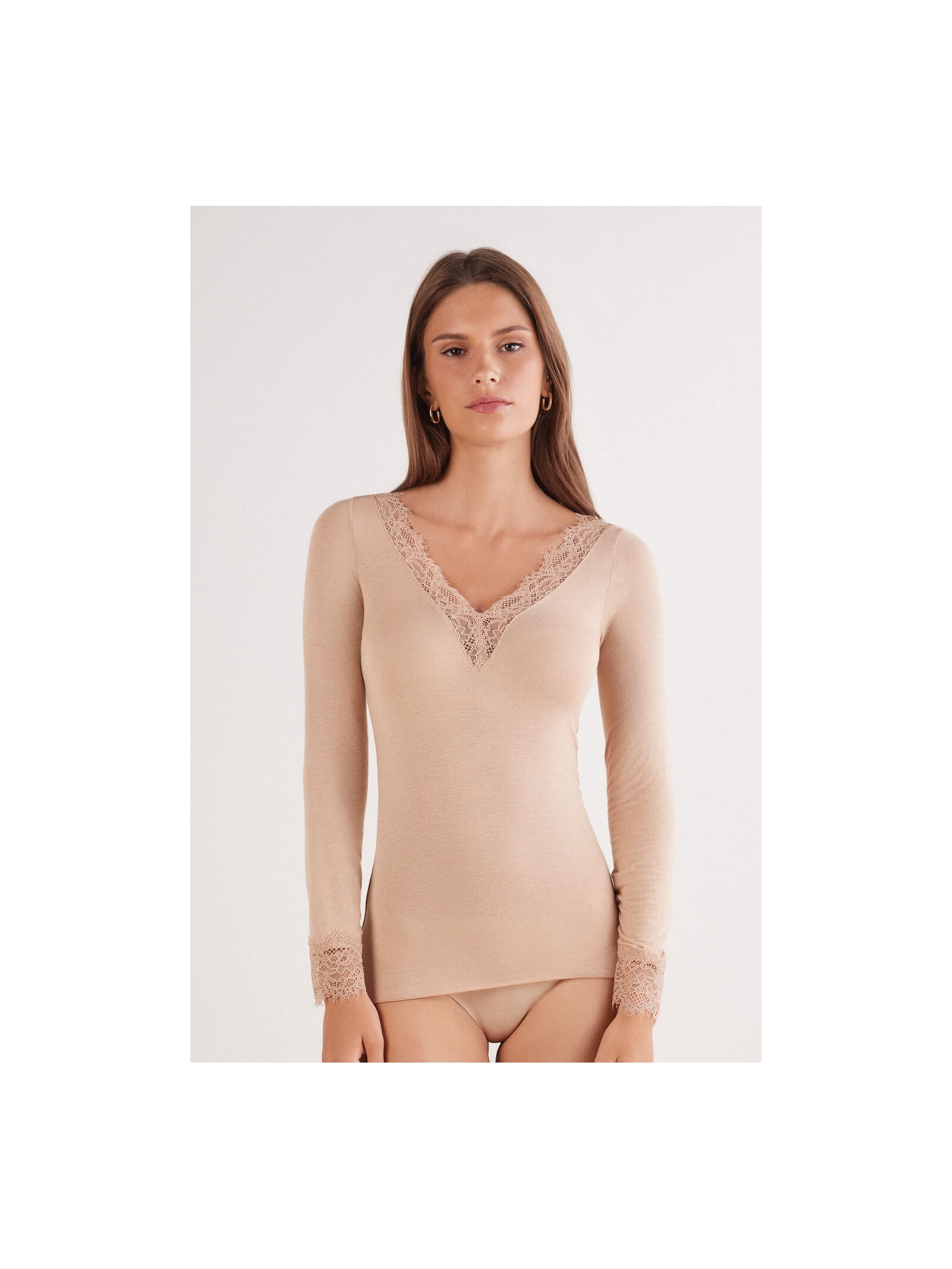 Blusa Manga Comprida Em Cashmere Ultralight e Renda Bege Intimissimi