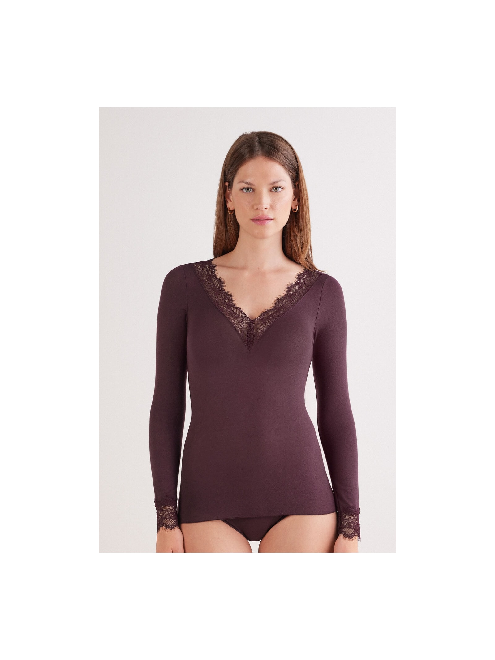 Blusa Manga Comprida Em Cashmere Ultralight e Renda Bordô Intimissimi