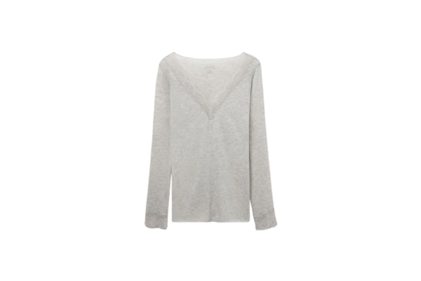 Blusa Manga Comprida Em Cashmere Ultralight e Renda - Cinza