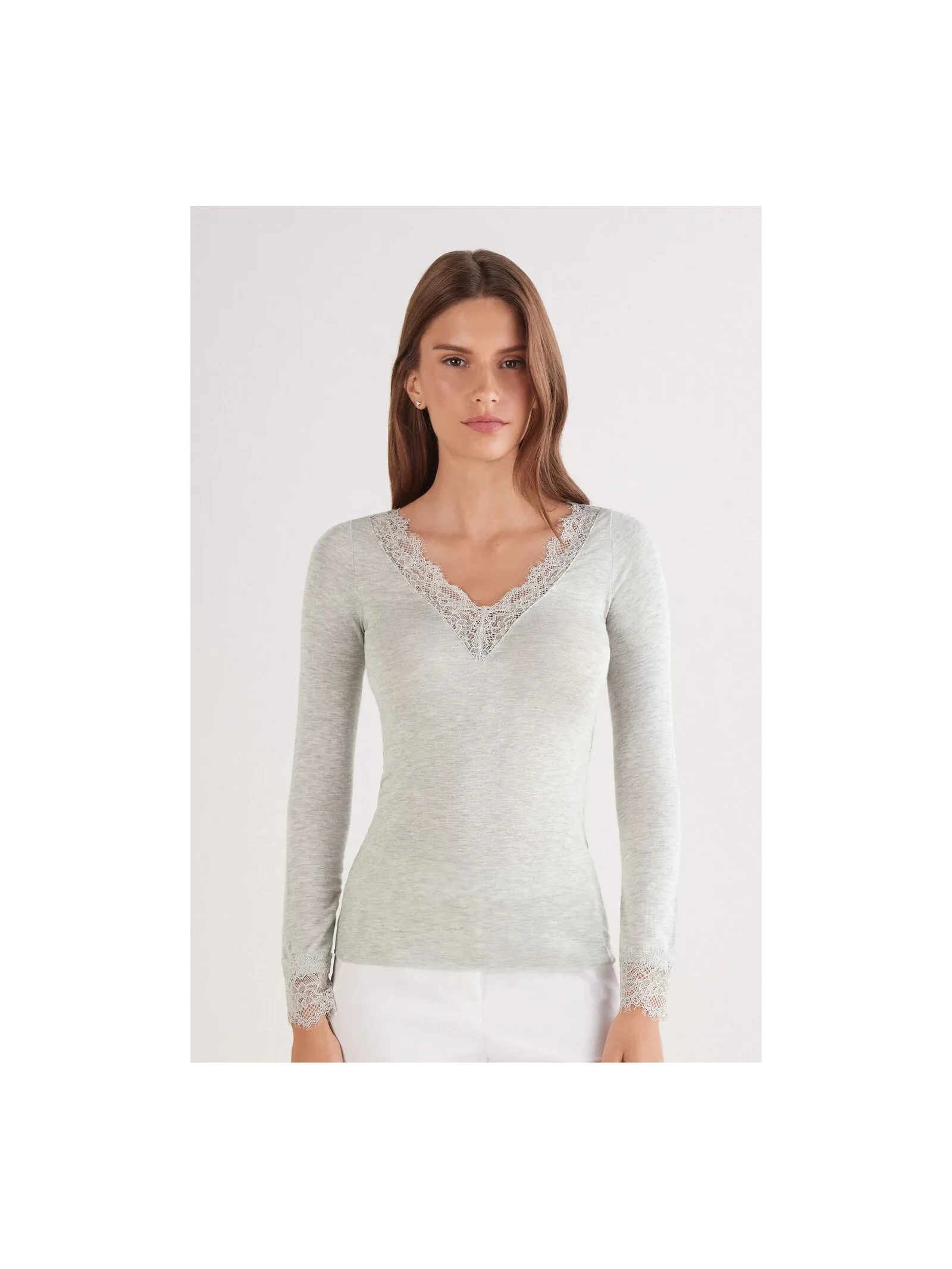 Blusa Manga Comprida Em Cashmere Ultralight e Renda Cinza Intimissimi