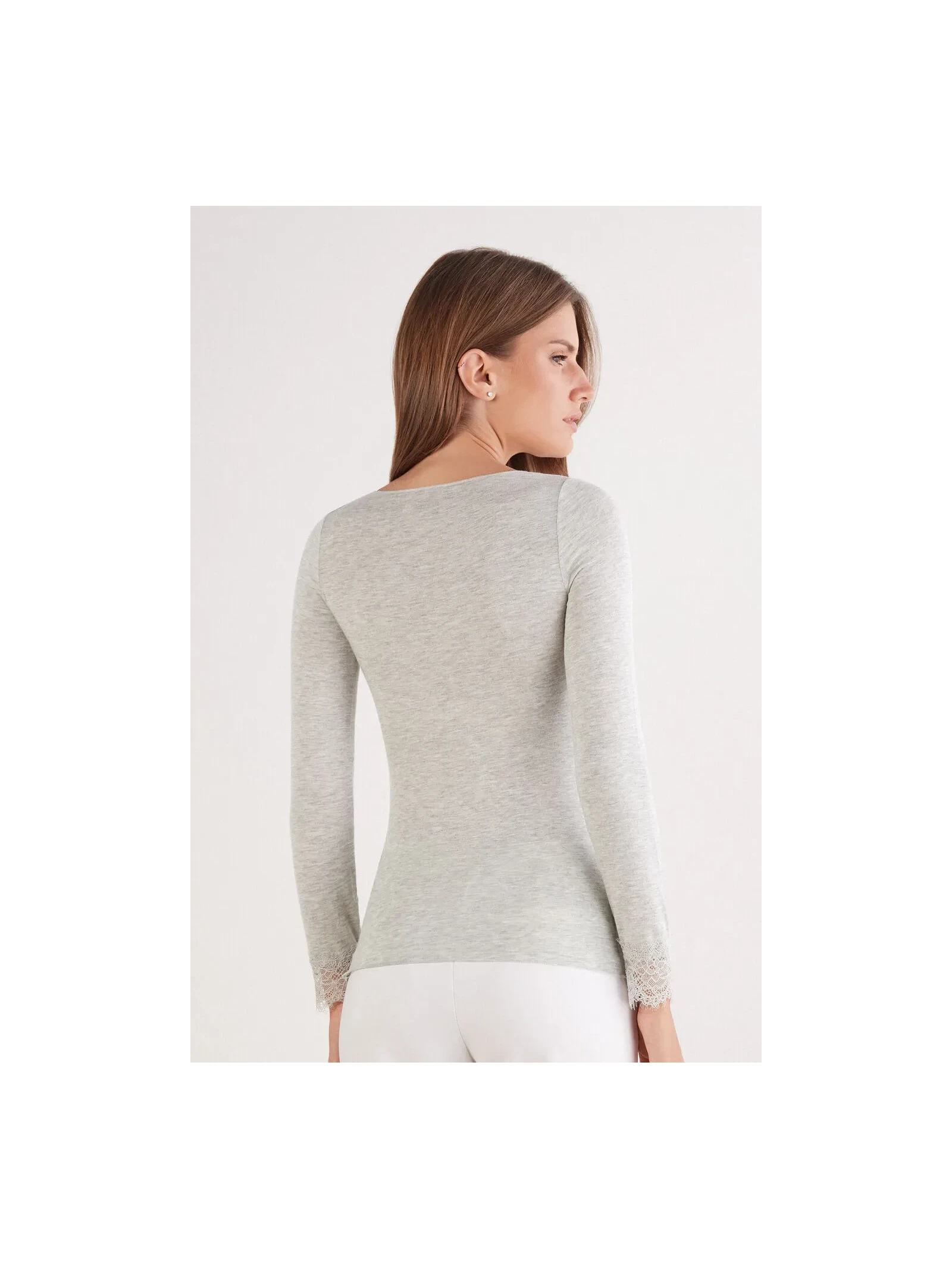Blusa Manga Comprida Em Cashmere Ultralight e Renda Cinza Intimissimi