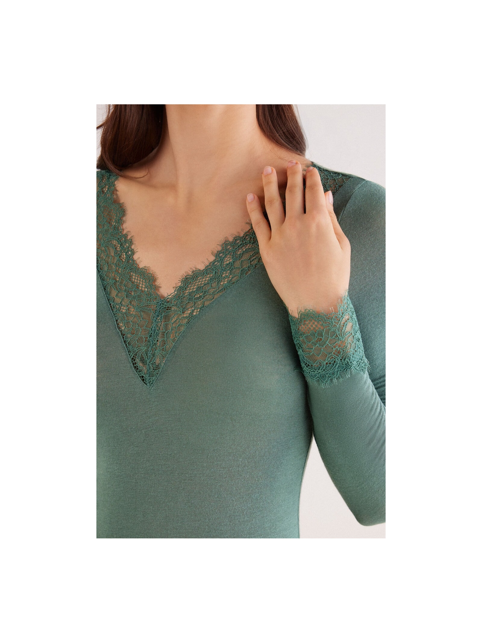 Blusa Manga Comprida Em Cashmere Ultralight e Renda Verde Intimissimi