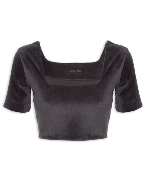 Blusa Manga Curta Cropped Plush - Cinza