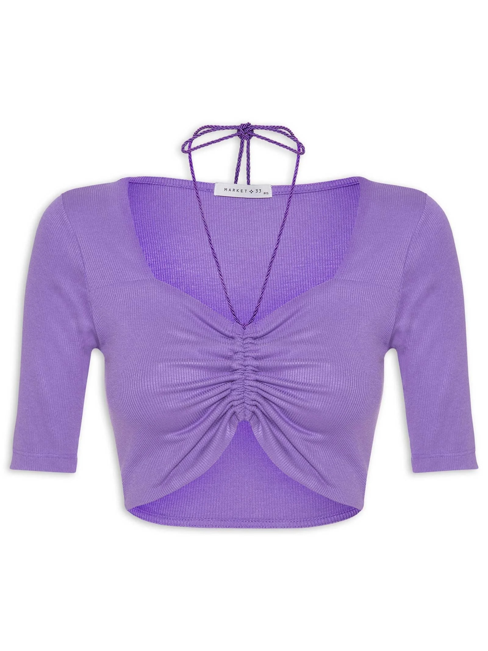 Blusa Manga Curta Malha Canelada Neckline Lilás Market 33