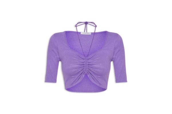 Blusa Manga Curta Malha Canelada Neckline - Lilás