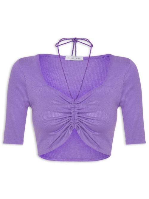 Blusa Manga Curta Malha Canelada Neckline – Lilás