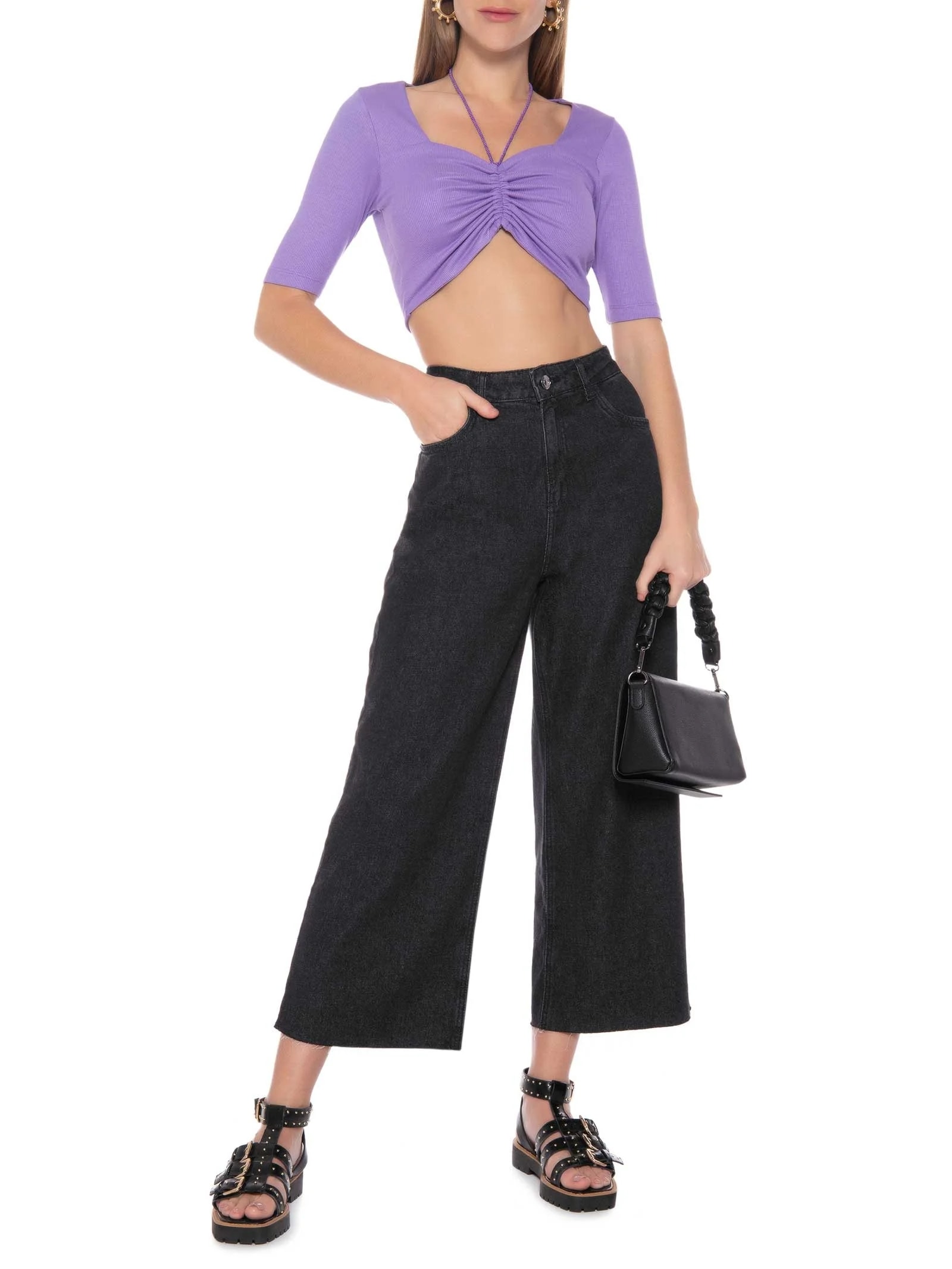 Blusa Manga Curta Malha Canelada Neckline Lilás Market 33