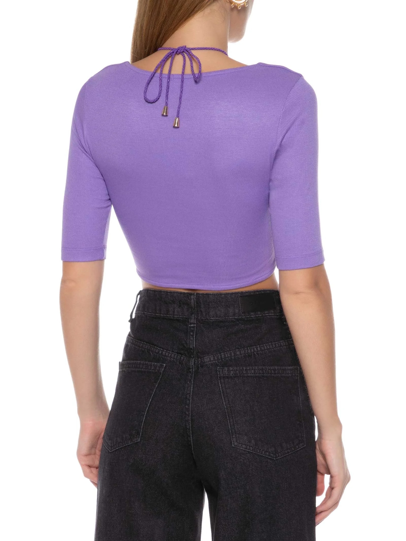 Blusa Manga Curta Malha Canelada Neckline Lilás Market 33