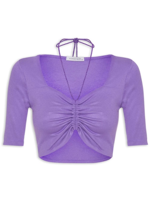 Blusa Manga Curta Malha Canelada Neckline - Lilás