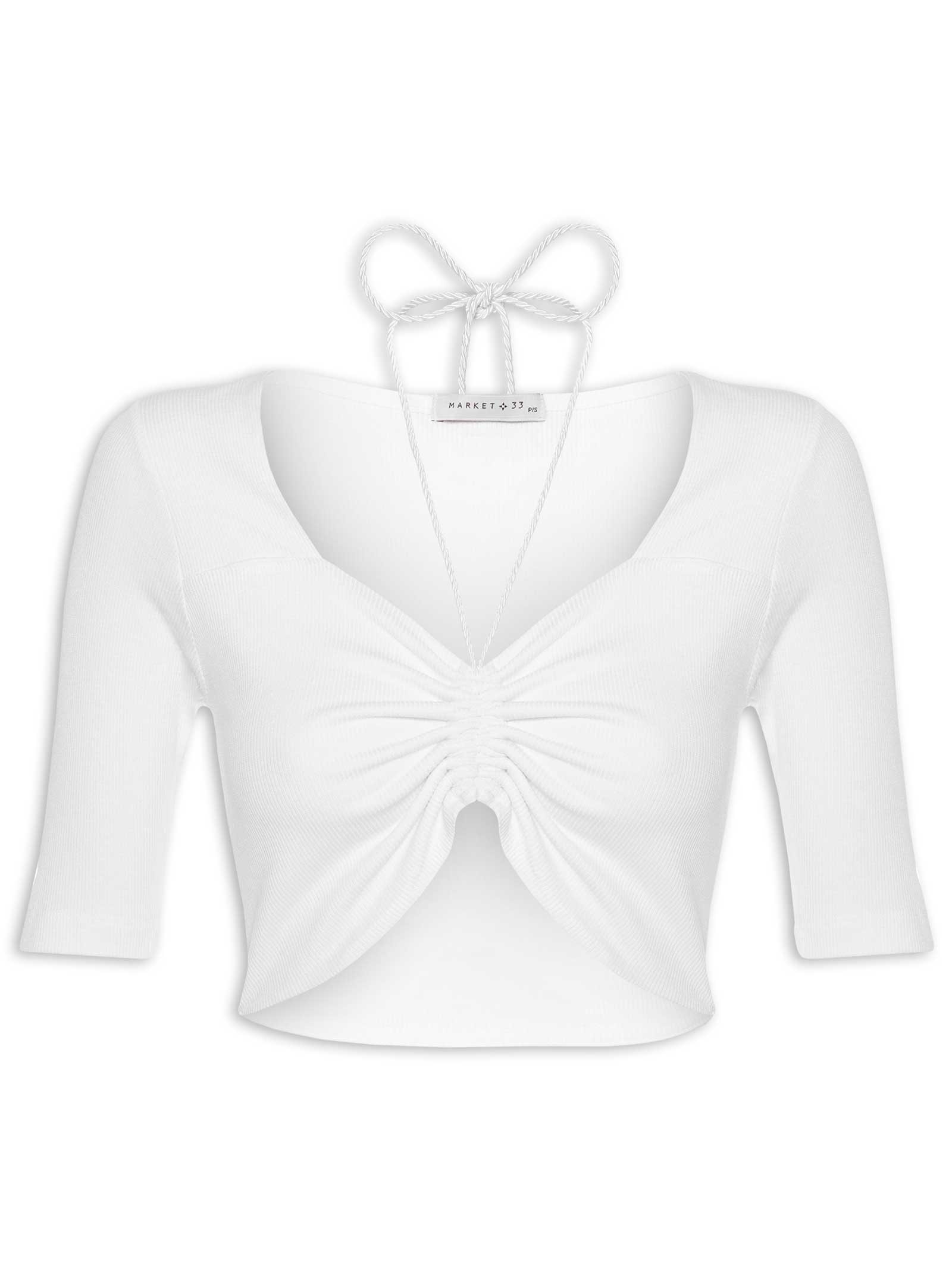 Blusa Manga Curta Malha Canelada Neckline Off White Market 33