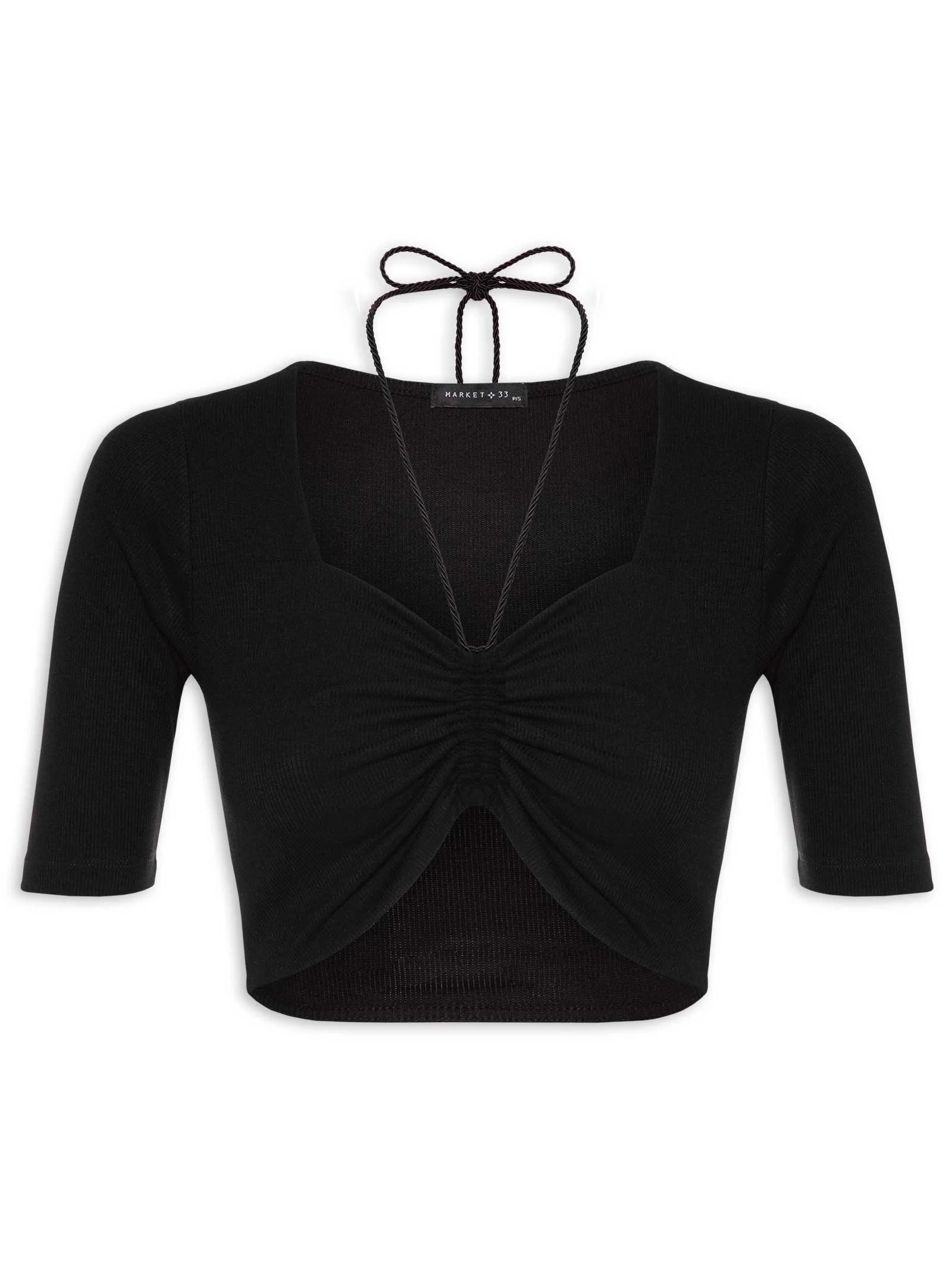 Blusa Manga Curta Malha Canelada Neckline Preto Market 33