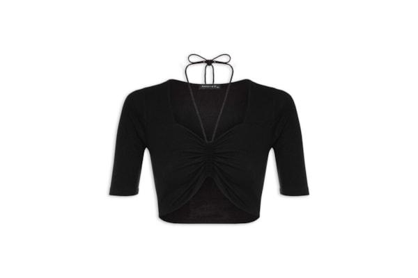 Blusa Manga Curta Malha Canelada Neckline - Preto