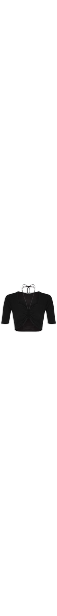 Blusa Manga Curta Malha Canelada Neckline - Preto