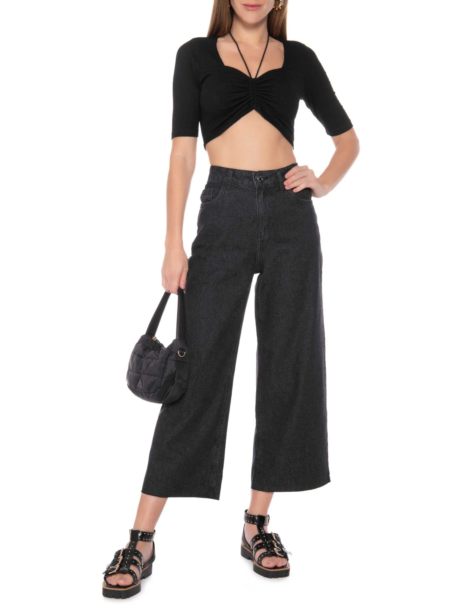 Blusa Manga Curta Malha Canelada Neckline Preto Market 33