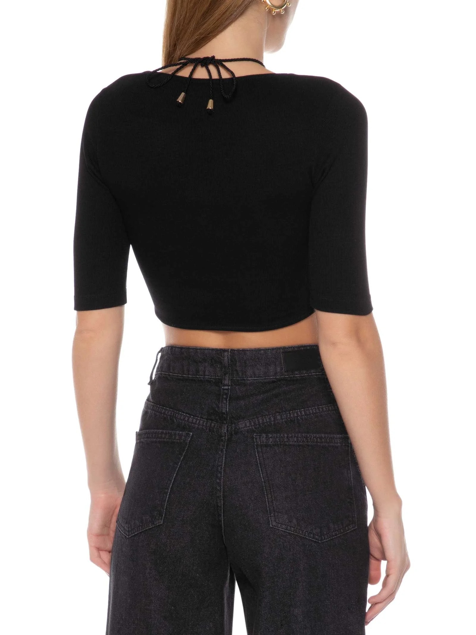Blusa Manga Curta Malha Canelada Neckline Preto Market 33