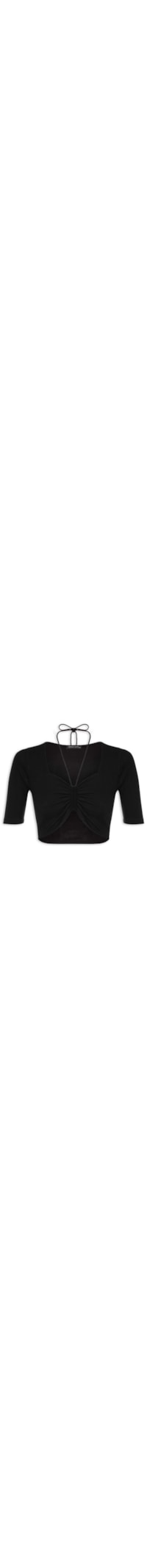 Blusa Manga Curta Malha Canelada Neckline - Preto
