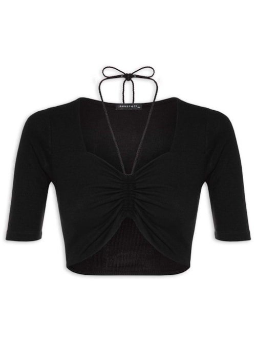 Blusa Manga Curta Malha Canelada Neckline – Preto