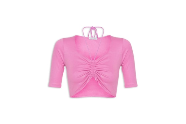 Blusa Manga Curta Malha Canelada Neckline - Rosa