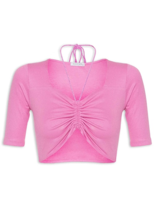 Blusa Manga Curta Malha Canelada Neckline – Rosa