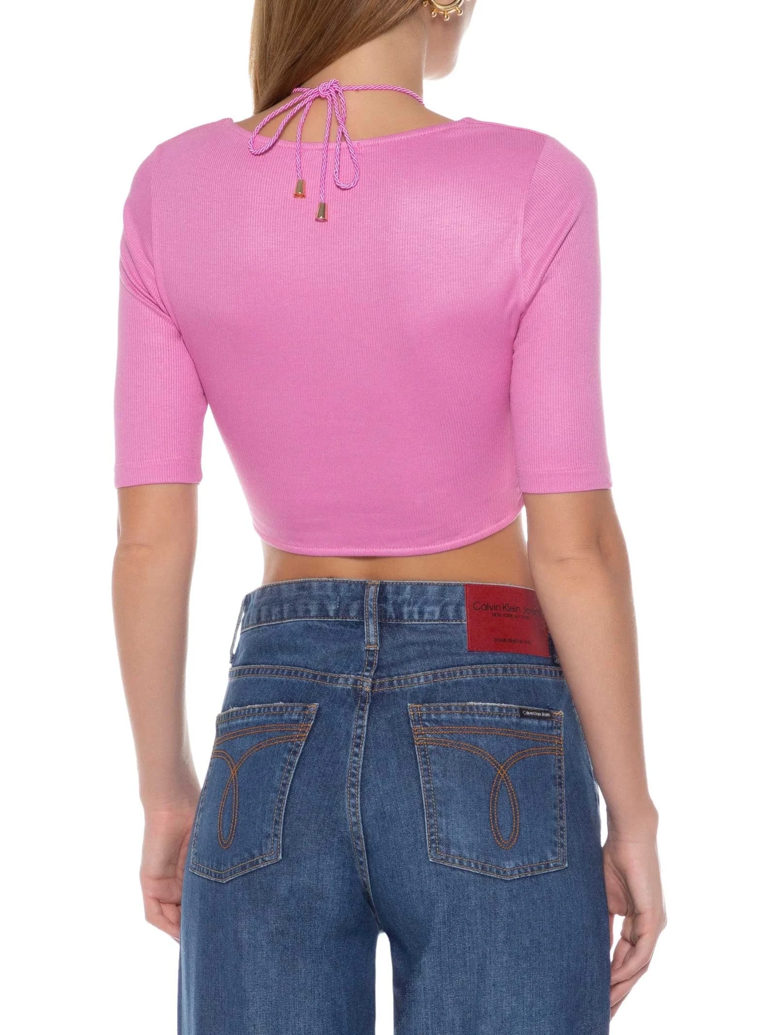 Blusa Manga Curta Malha Canelada Neckline Rosa Market 33