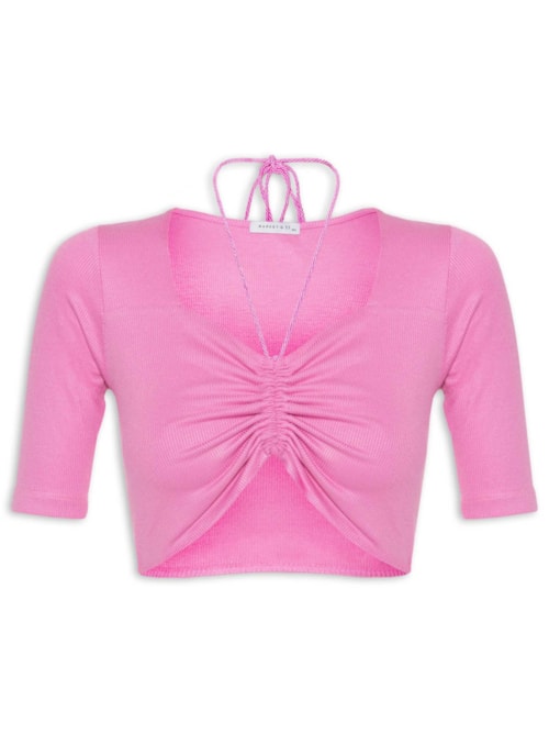 Blusa Manga Curta Malha Canelada Neckline - Rosa